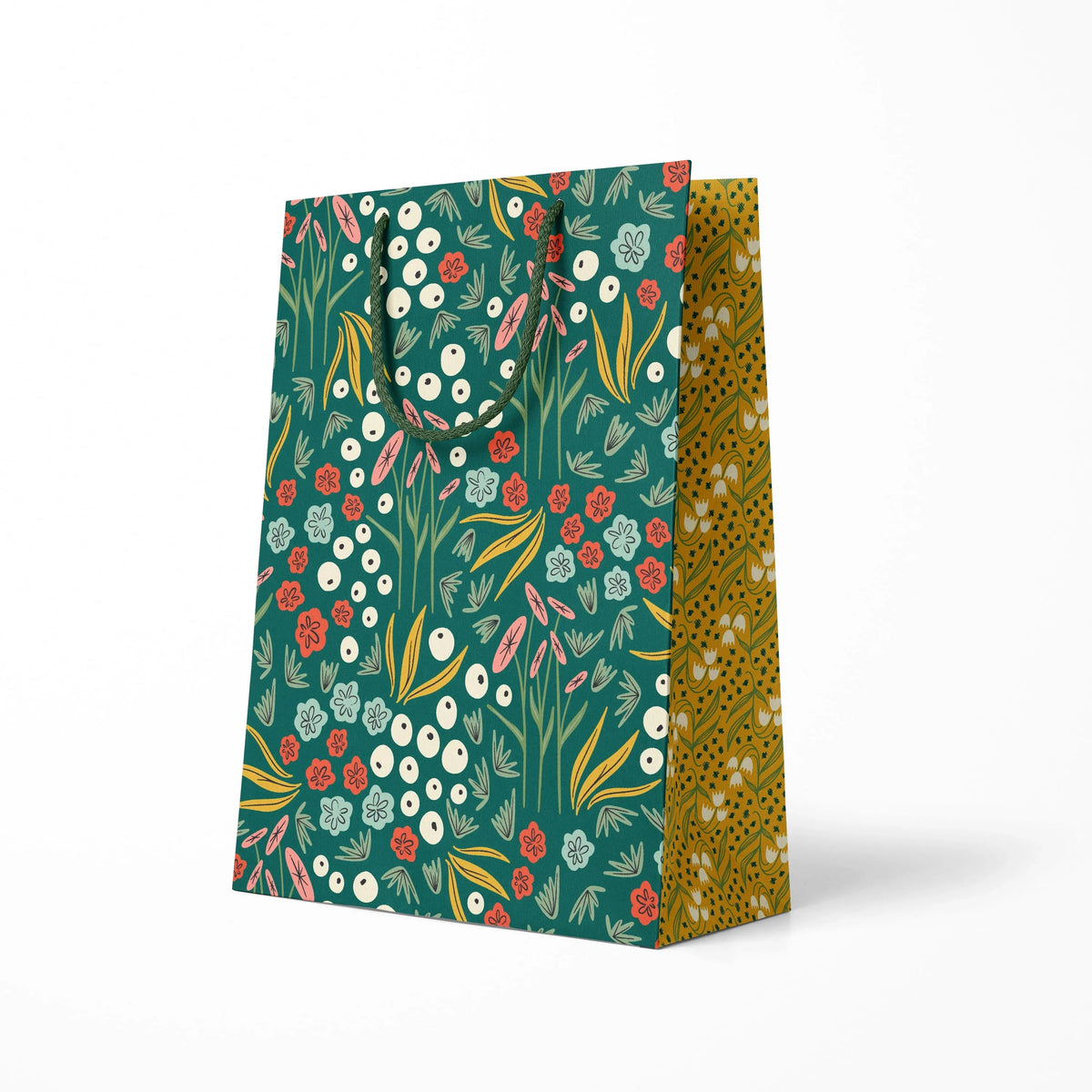 Pirouette paper gift bag by Rebecca Jane Woolbright with a colorful floral bouquet pattern