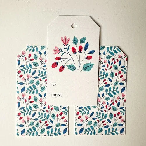 Deep Frost Gift Tags styled with matching blue and red floral gift tag designs by Rebecca Jane Woolbright