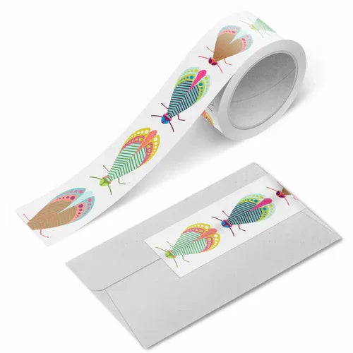 Flutter Washi Tape roll with colorful moth illustrations on a white background by Rebecca Jane Woolbright.