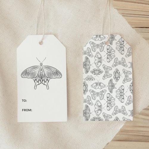Front and back view of Front Porch Gift Tag showing neutral moth pattern and blank message side