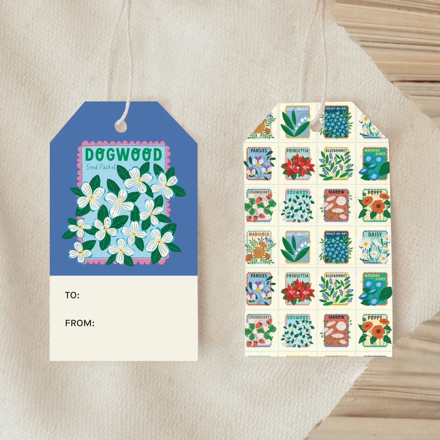 Front and back view of Garden Bed Gift Tag showing garden seed packet artwork and colorful patterned back