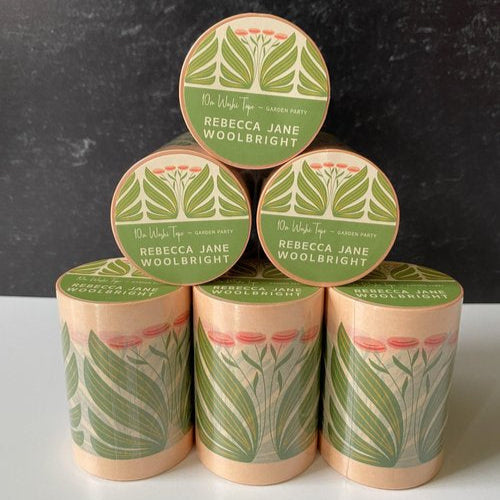 Garden Party 2.5 Inch washi tape rolls with coordinating labels and soft green botanical artwork.