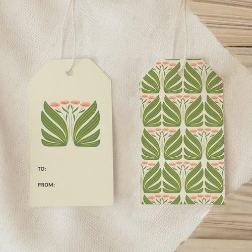 Front and back view of Oma’s Garden Gift Tag showing green botanical pattern and blank message side