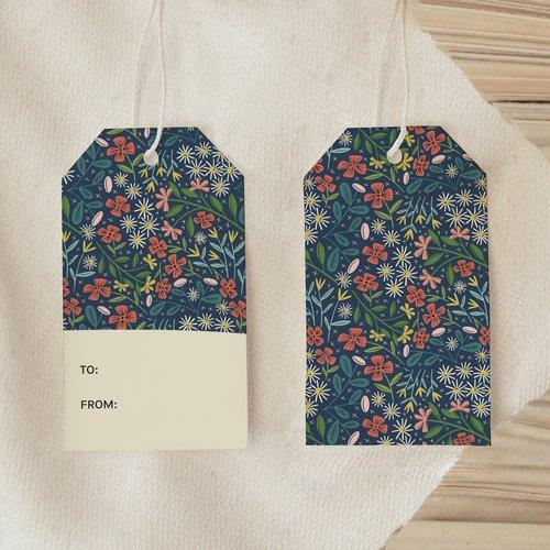 Front and back view of Overflow Garden Gift Tag showing colorful garden floral pattern and blank message side