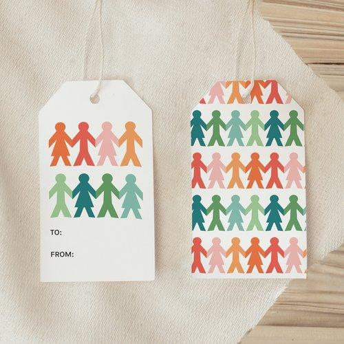 Front and back view of Paper Friends Gift Tags showing colorful friendship pattern and blank message side