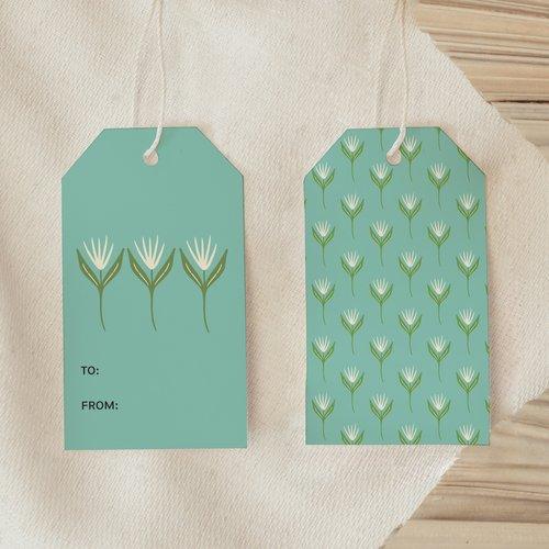 Front and back view of Step Into Spring Gift Tag showing delicate spring flower pattern and blank message side