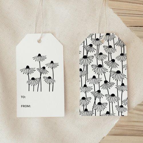 Front and back view of Stepping Stone Gift Tag showing black and white botanical pattern and blank message side