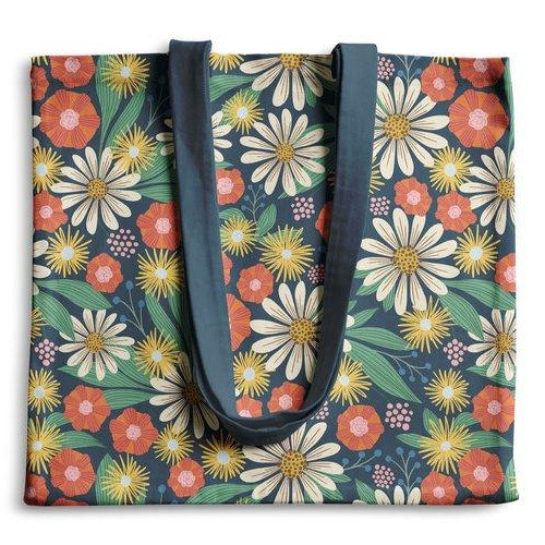 Summer Bounty canvas tote bag by Rebecca Jane Woolbright with colorful florals on a navy background