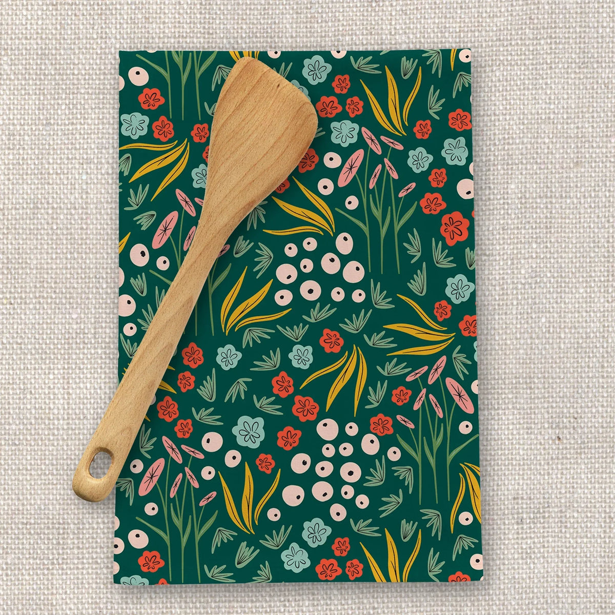 Dancing Blooms Tea Towel - Dancing Blooms tea towel by Rebecca Jane Woolbright with colorful floral pattern on a deep green background