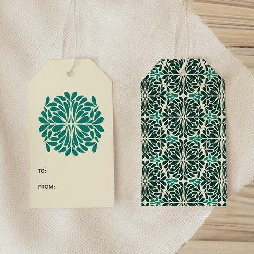 Front and back view of Teal Pinwheel Gift Tag showing teal pinwheel motif and patterned back