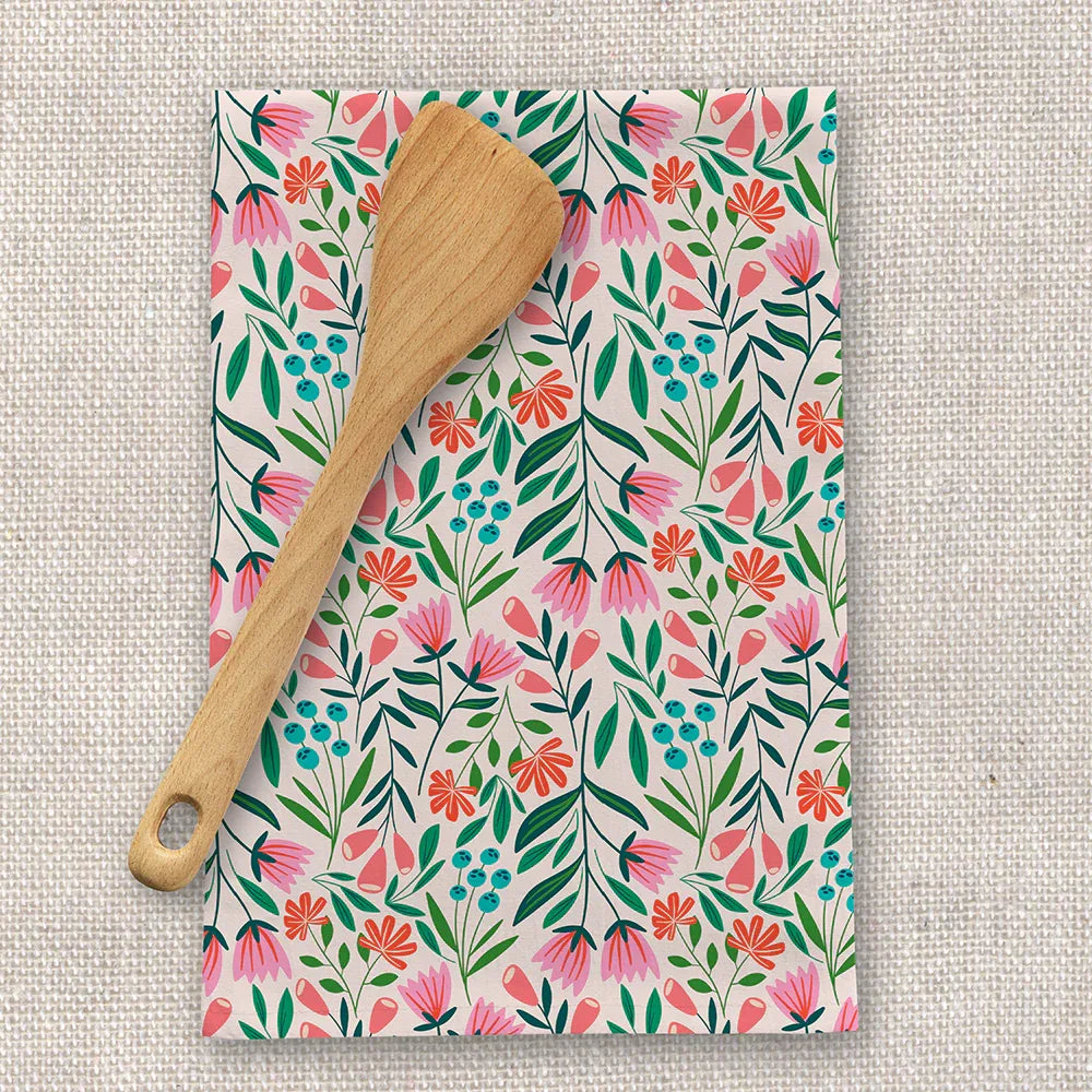 White Garden Tea Towel - Floral patterned tea towel by Rebecca Jane Woolbright with white flowers and green leaves