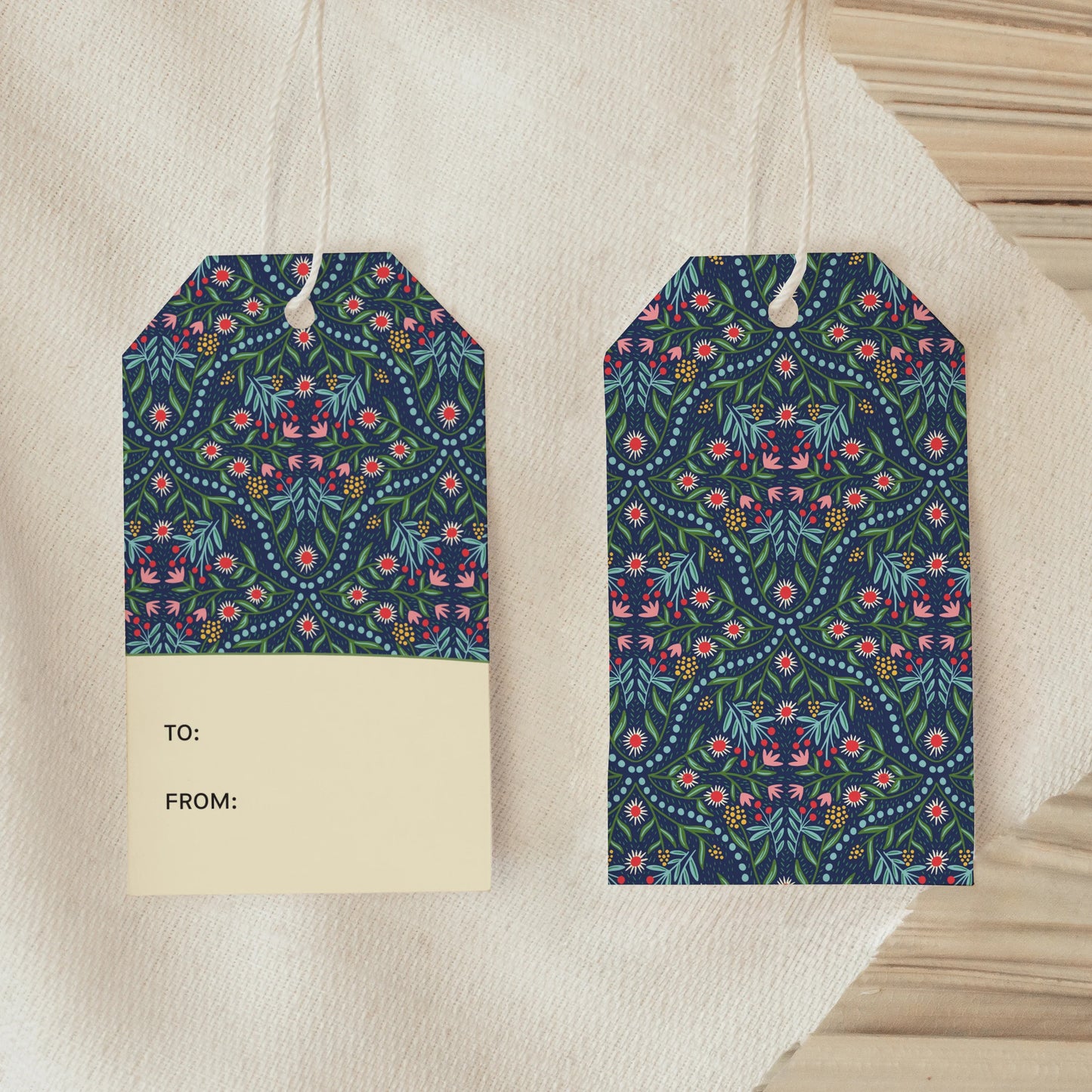 Front and back view of Glitz Gift Tag showing colorful floral pattern and blank message side