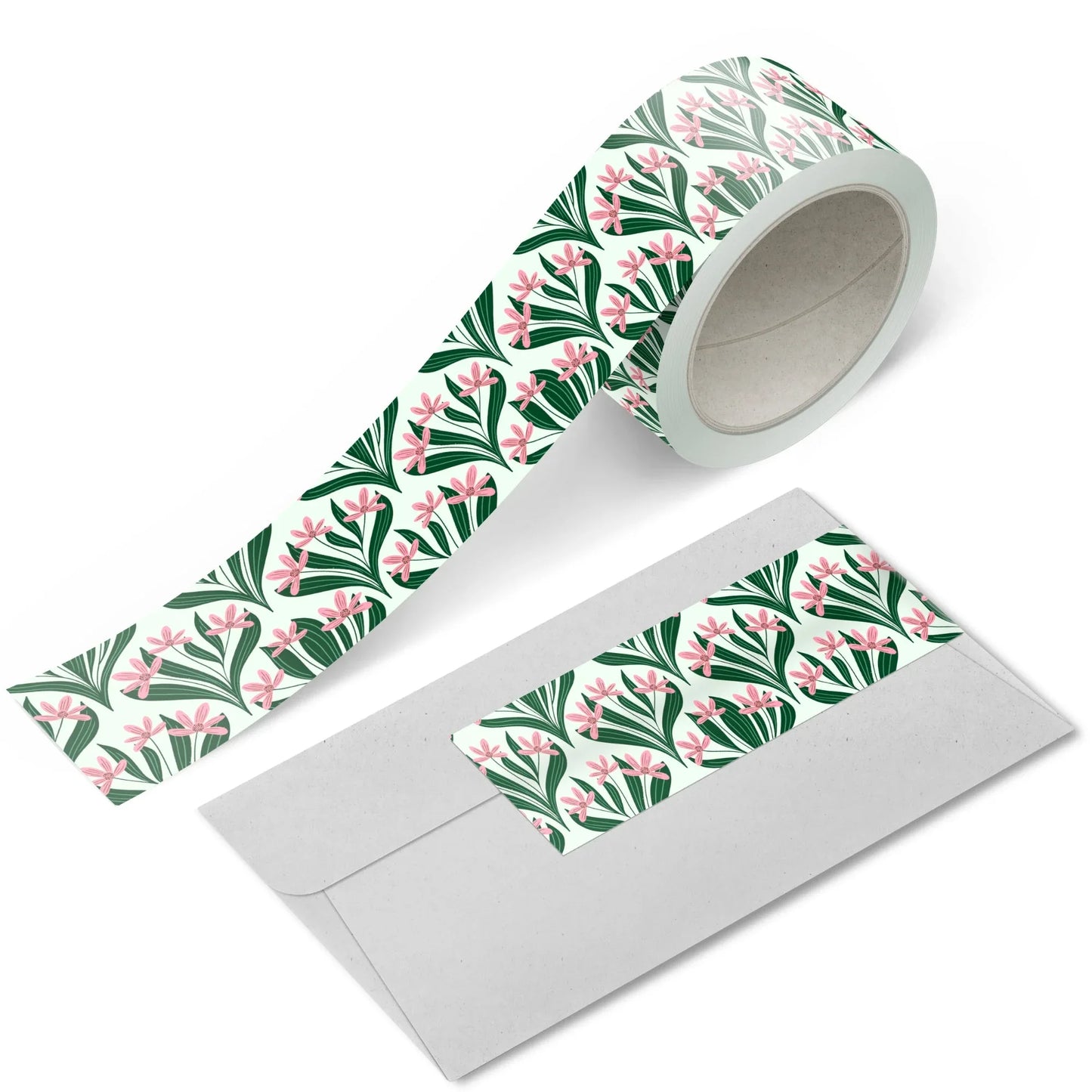 Hello Friend 1 inch Washi Tape roll with pink floral artwork and green leafy stems by Rebecca Jane Woolbright.