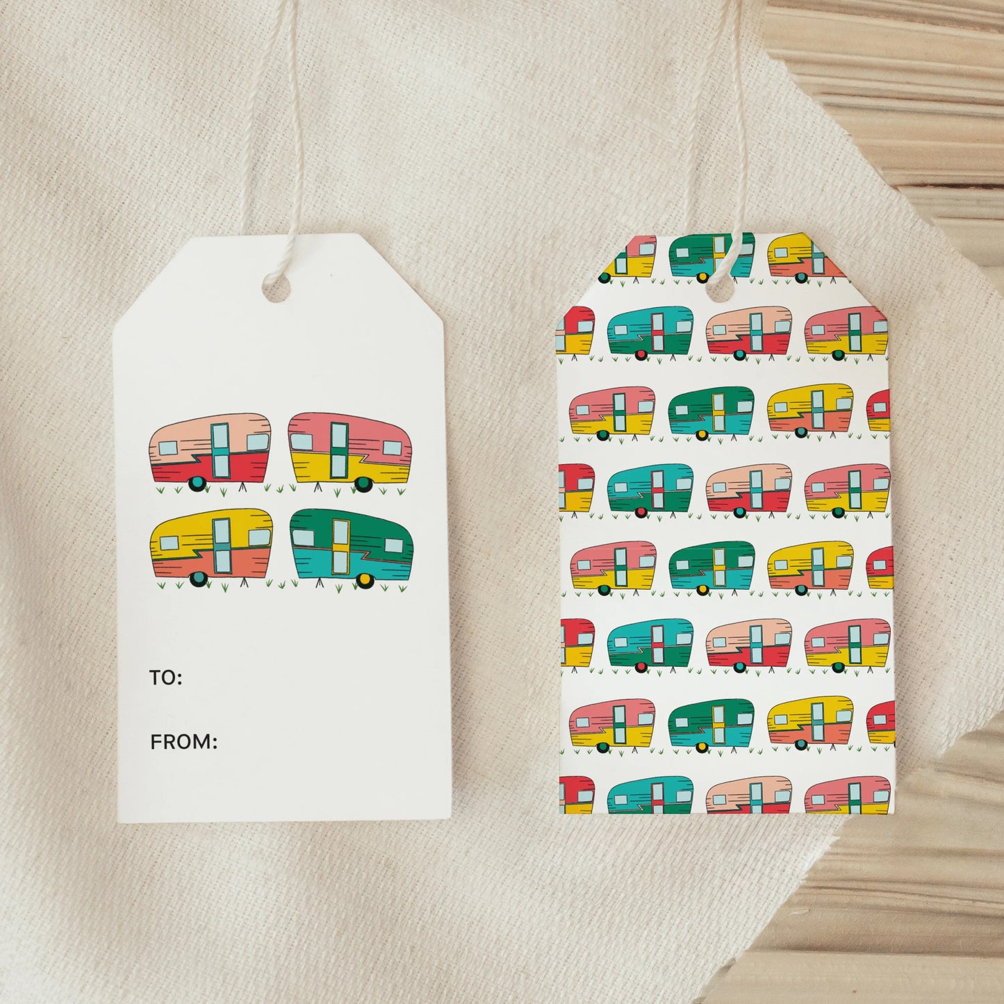 Front and back view of Hit the Road Gift Tags showing camper artwork and colorful travel pattern