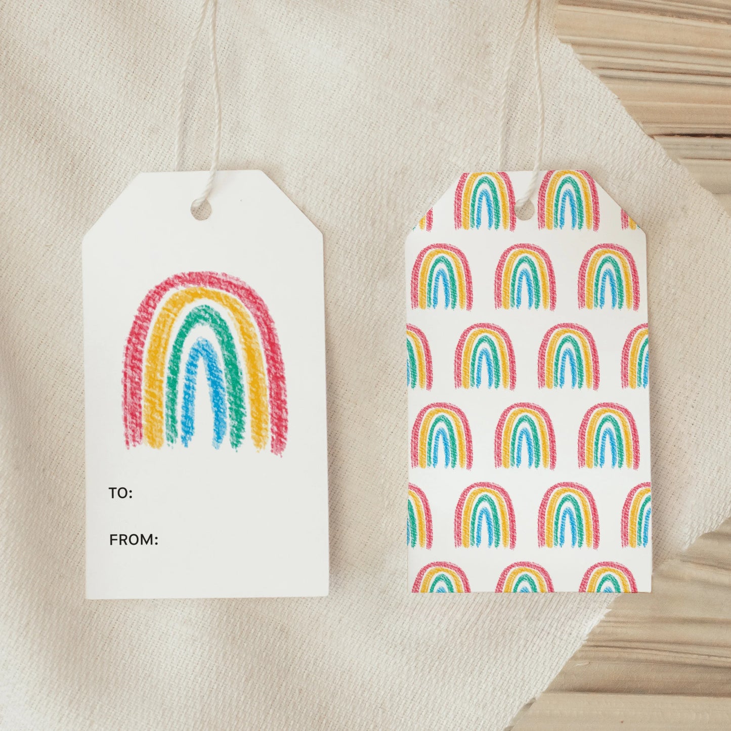 Front and back view of Over the Rainbow Gift Tag showing rainbow artwork and colorful patterned back