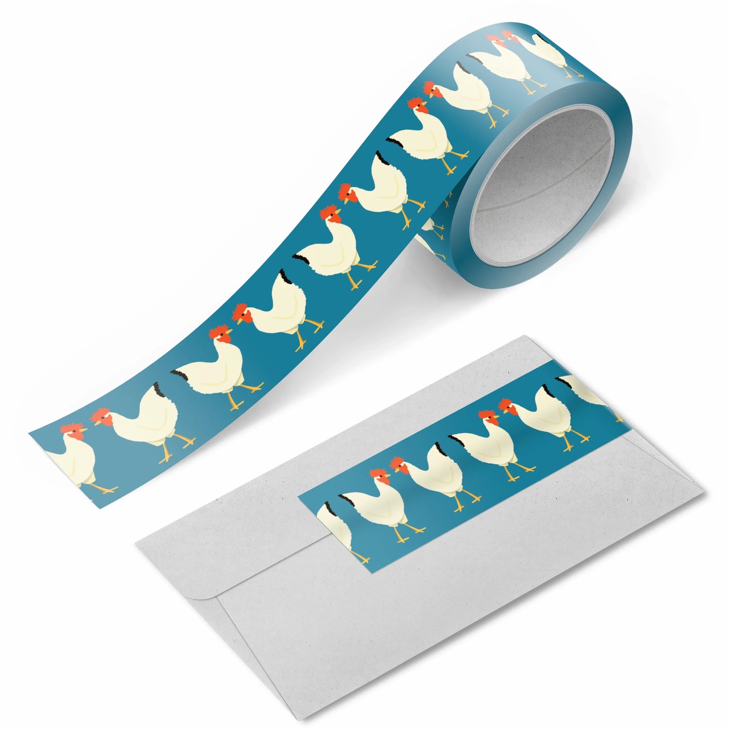Top of the Morning Washi Tape roll with white chicken illustrations on a teal-blue background by Rebecca Jane Woolbright.