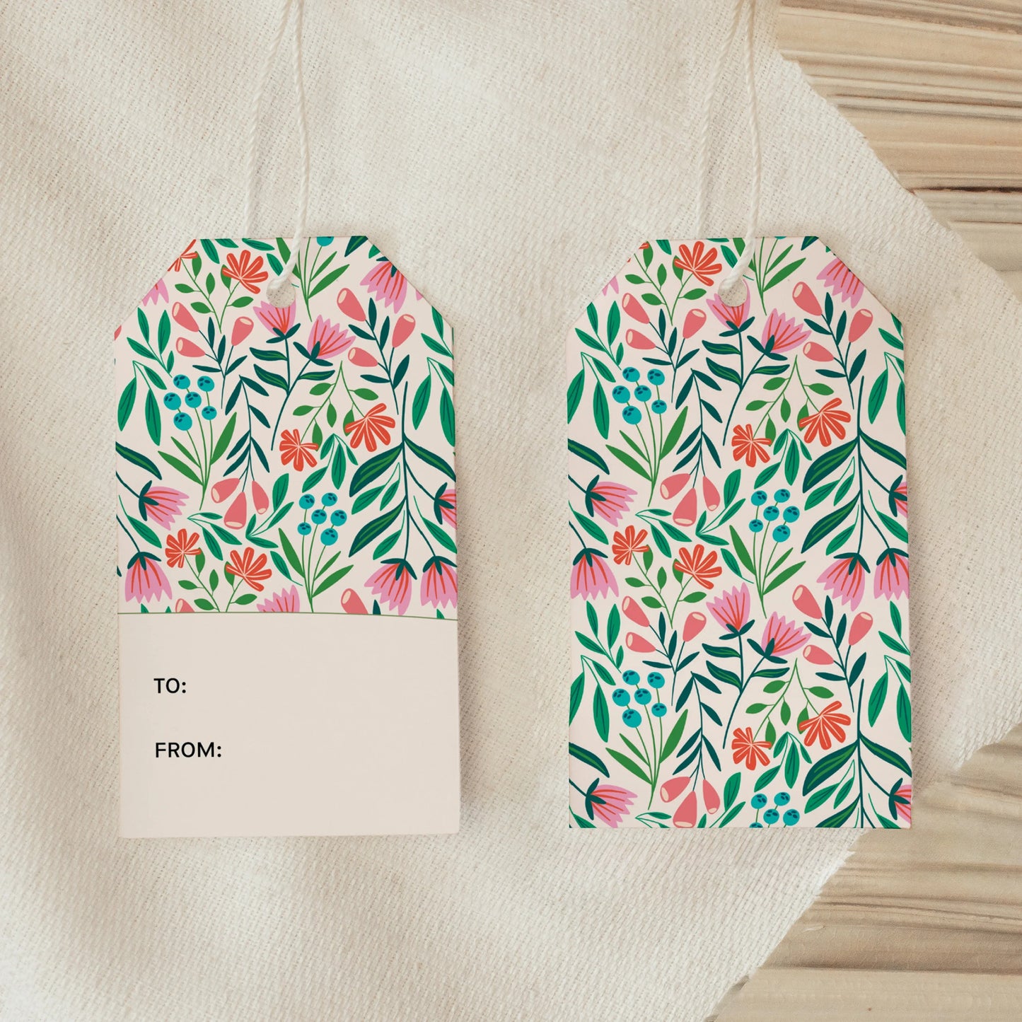 Front and back view of White Garden Gift Tag showing colorful floral pattern and blush message panel