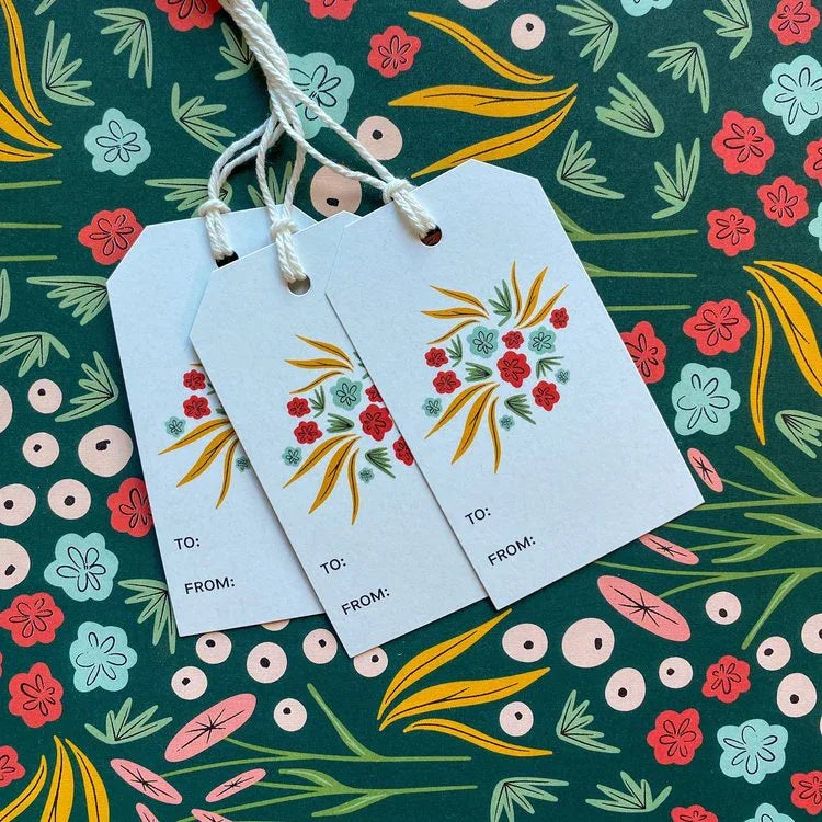 Pirouette Gift Tags styled with matching floral wrapping paper and gift bag by Rebecca Jane Woolbright
