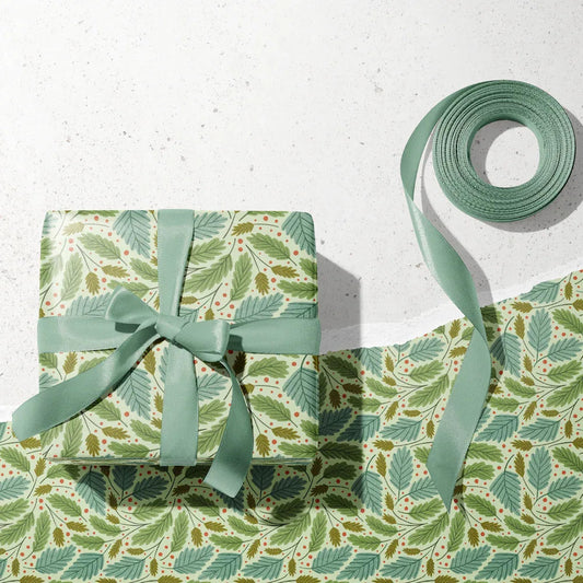 fall leaf wrapping paper with teal ribbon