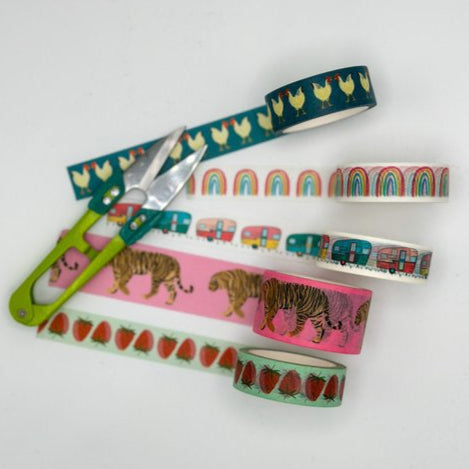 five washi tapes with a pair of lime scissors