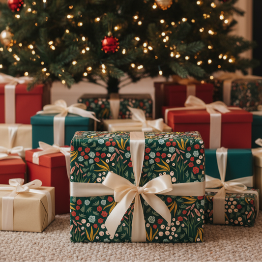 floral wrapped present with white bow under a tree surrounded by red, green and gold wrapped gifts