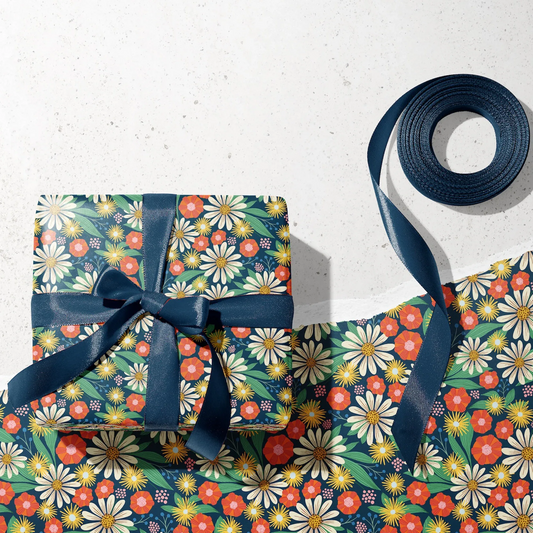 Summer Bounty Wrapping Paper with blue ribbon illustrated by Rebecca Woolbright