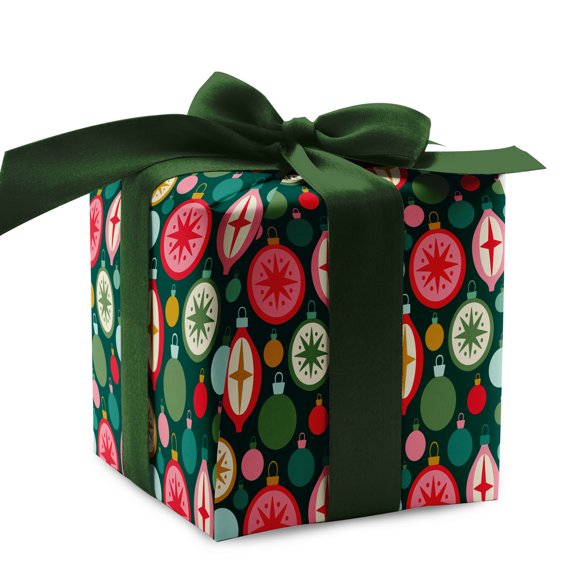 Tinsel Wrapping Paper - Gift box wrapped in Tinsel Wrapping Paper by Rebecca Jane Woolbright with a wide dark green ribbon tied in a bow