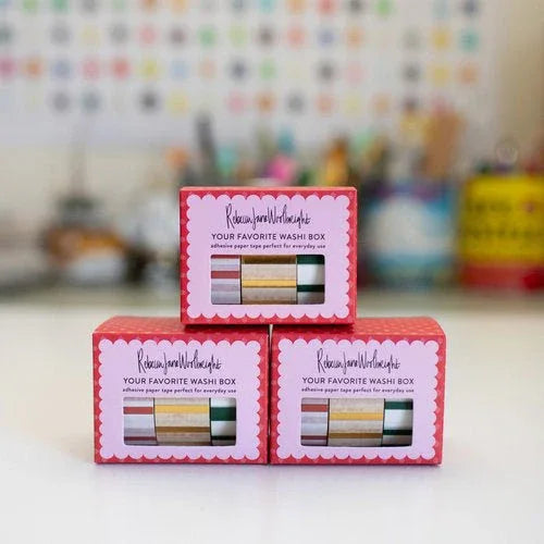 Your Favorite Washi Tape Box with three holiday washi tape rolls in red, green, and gold foil by Rebecca Jane Woolbright.