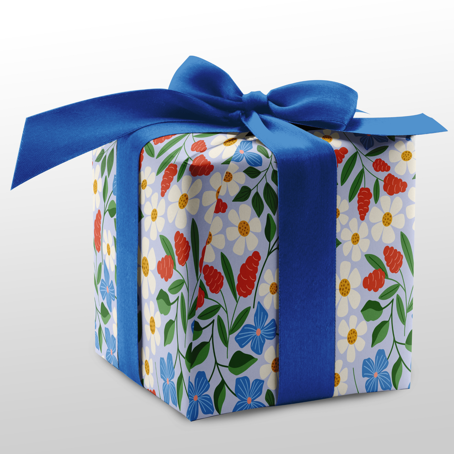 Garden Path wrapping paper with daisies and blue flowers on gift box with blue ribbon, floral gift wrap