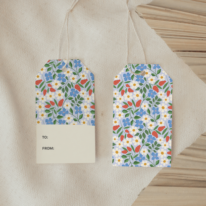 Garden Path Gift Tag with colorful floral pattern and To/From writing space by Rebecca Jane Woolbright