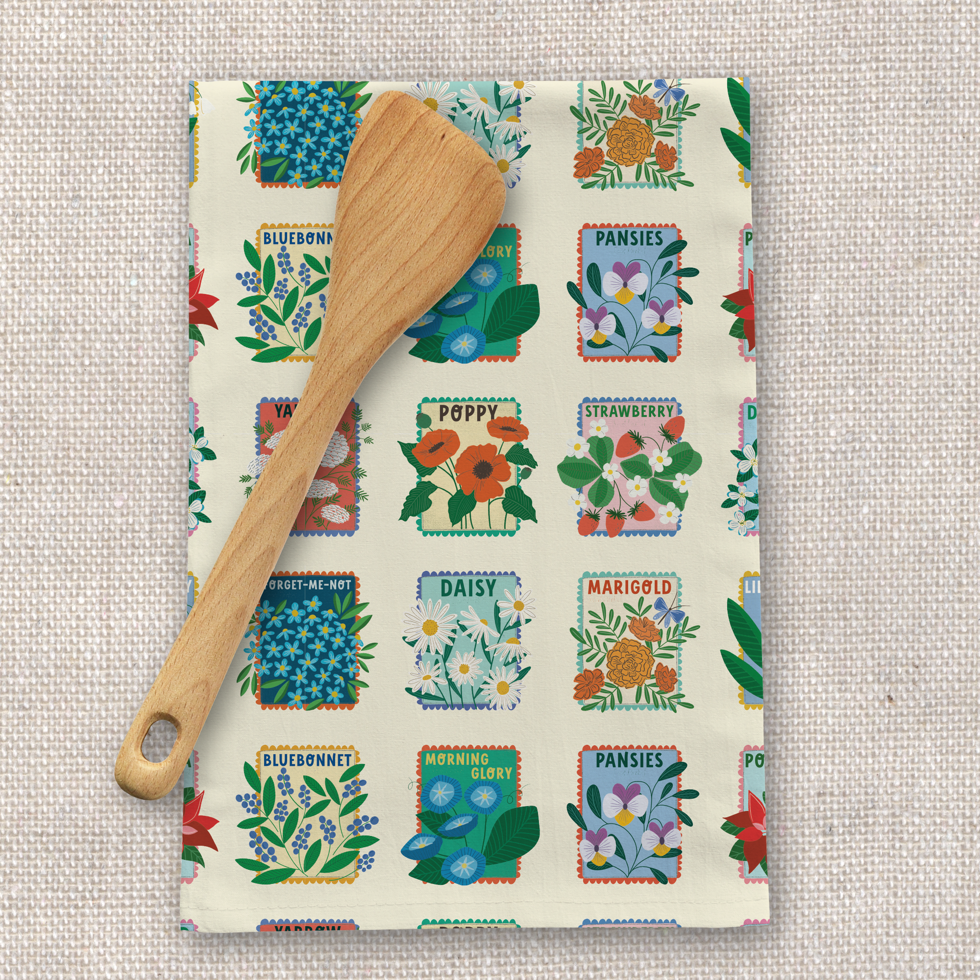 Garden Bed Tea Towel - Patterned botanical tea towel by Rebecca Jane Woolbright with vintage-inspired floral garden blocks