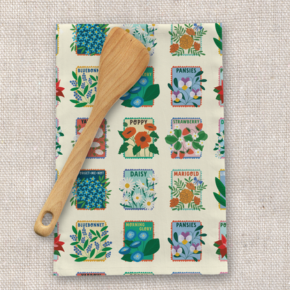 Garden Bed Tea Towel - Patterned botanical tea towel by Rebecca Jane Woolbright with vintage-inspired floral garden blocks