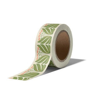 Garden Party 2.5 Inch washi tape roll with soft green botanical leaf artwork on a cream background by Rebecca Jane Woolbright.