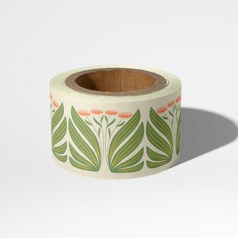 Garden Party wide washi tape roll showing green leaf pattern and cream background by Rebecca Jane Woolbright.