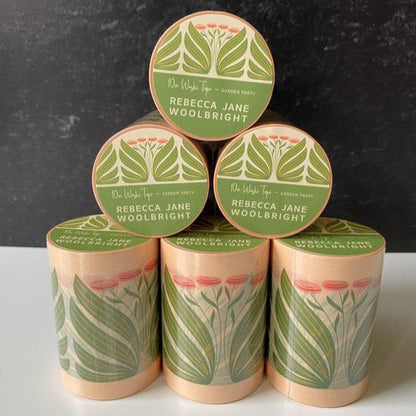 Garden Party 2.5 Inch washi tape rolls with coordinating labels and soft green botanical artwork.