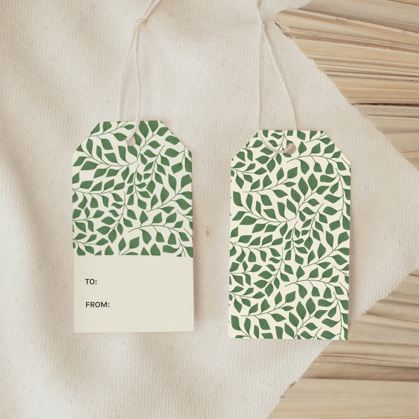 In The Thicket Gift Tag with green leafy botanical pattern and To/From writing space by Rebecca Jane Woolbright