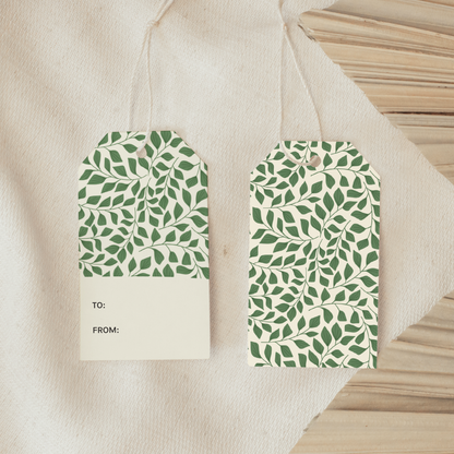 In The Thicket Gift Tag with green leafy botanical pattern and To/From writing space by Rebecca Jane Woolbright