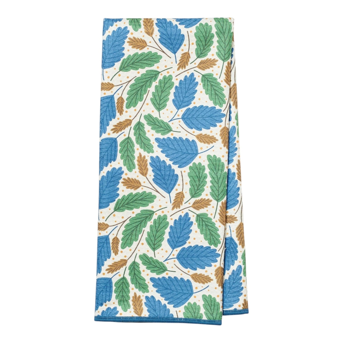 Towel with blue and green leaf pattern on a white background