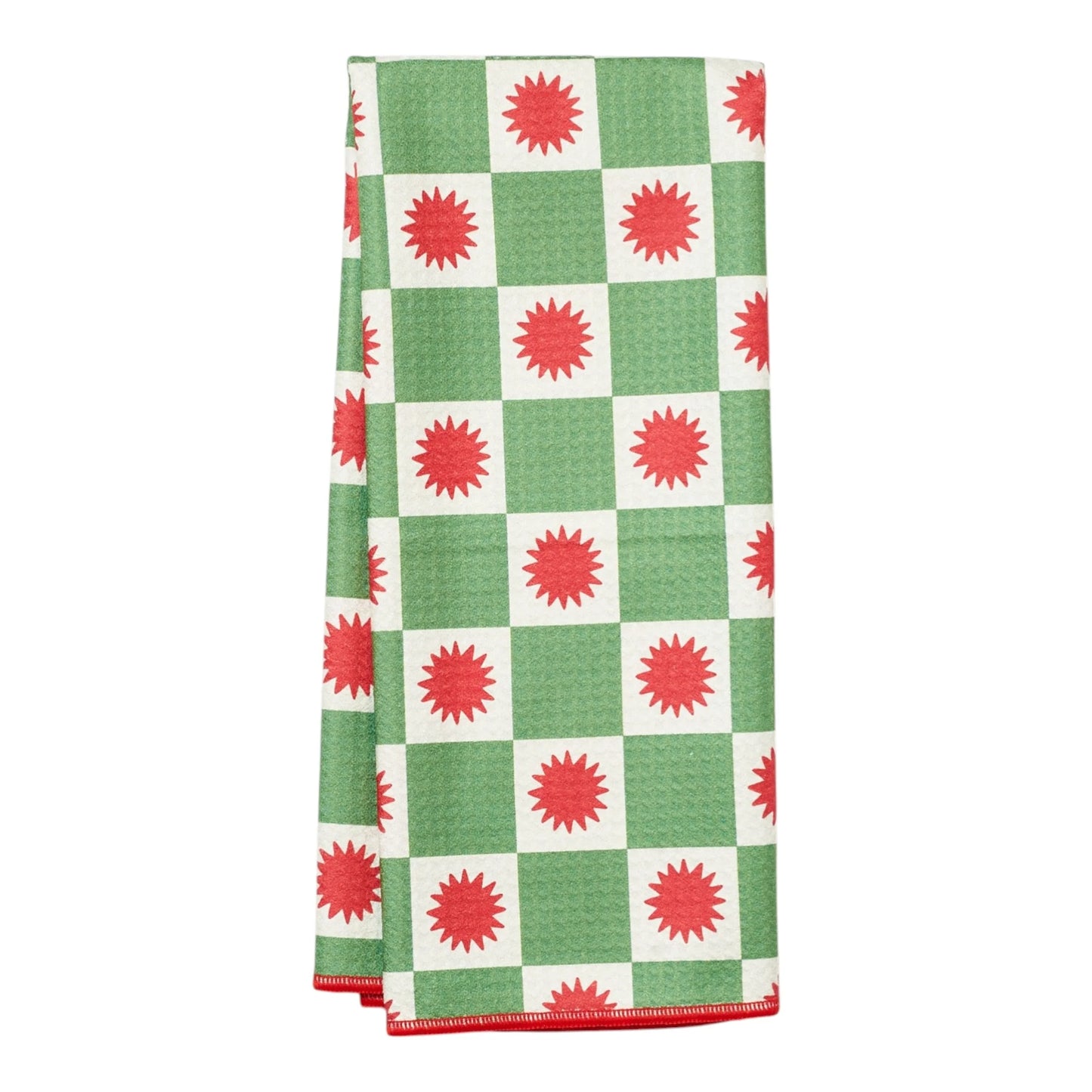 Green and white checkered towel with red star patterns on a white background