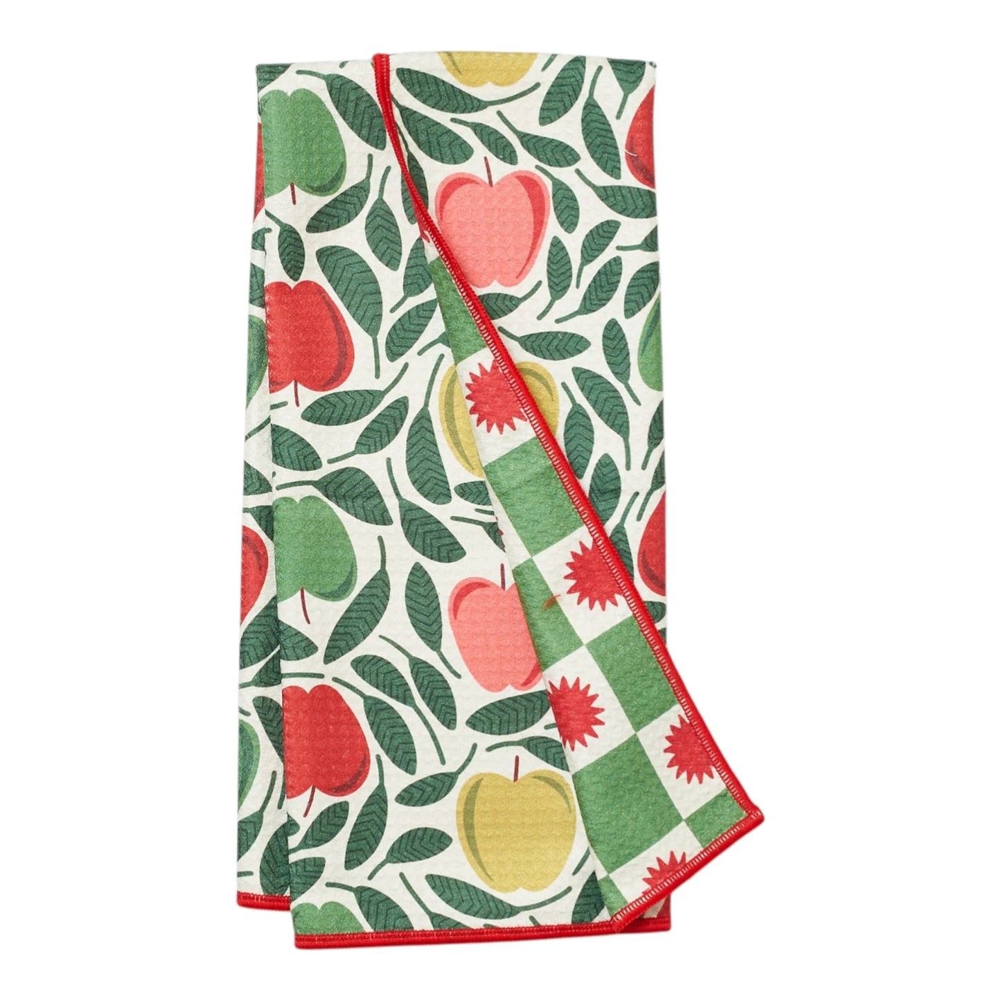One reversible kitchen towel with fruit pattern on a white background
