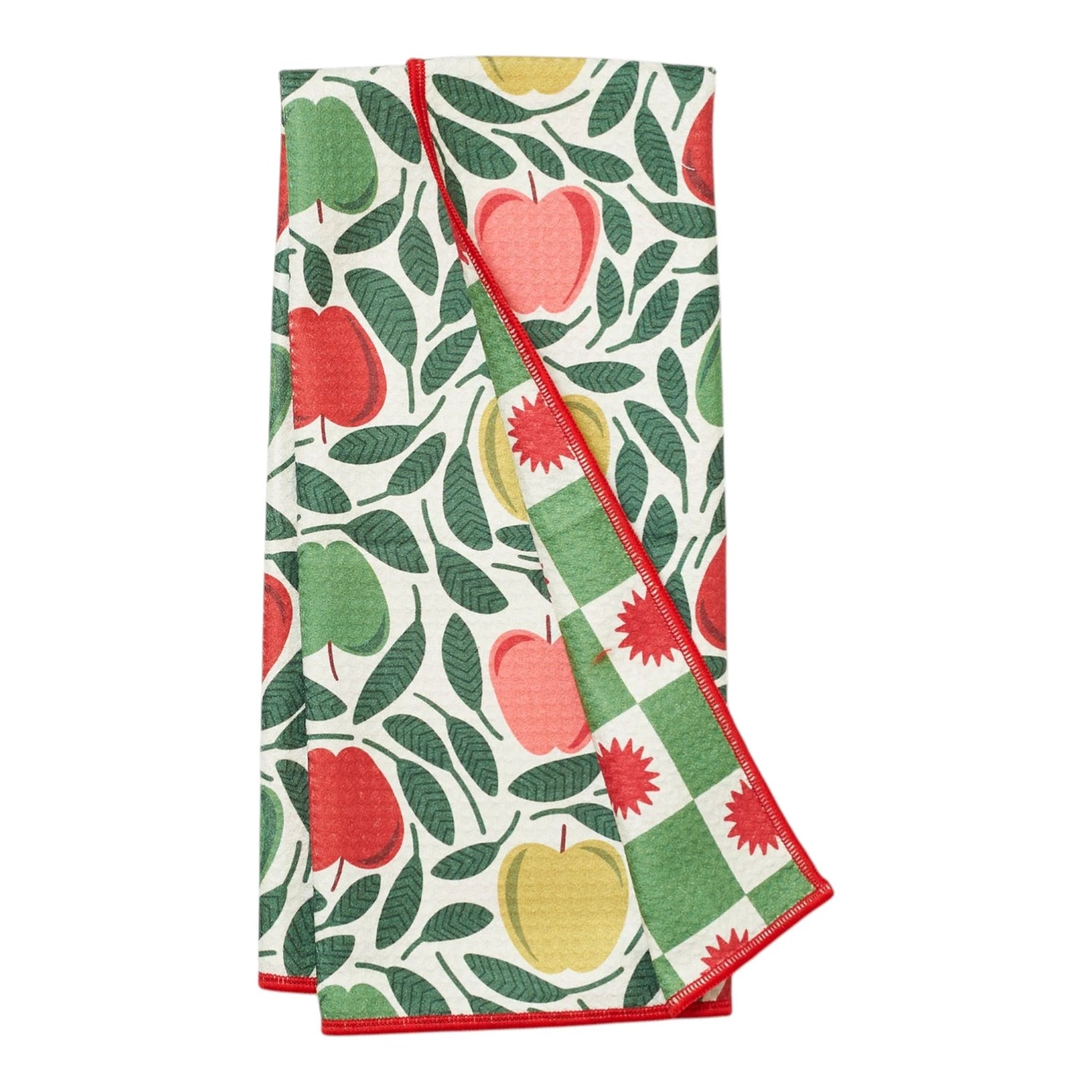 One reversible kitchen towel with fruit pattern on a white background