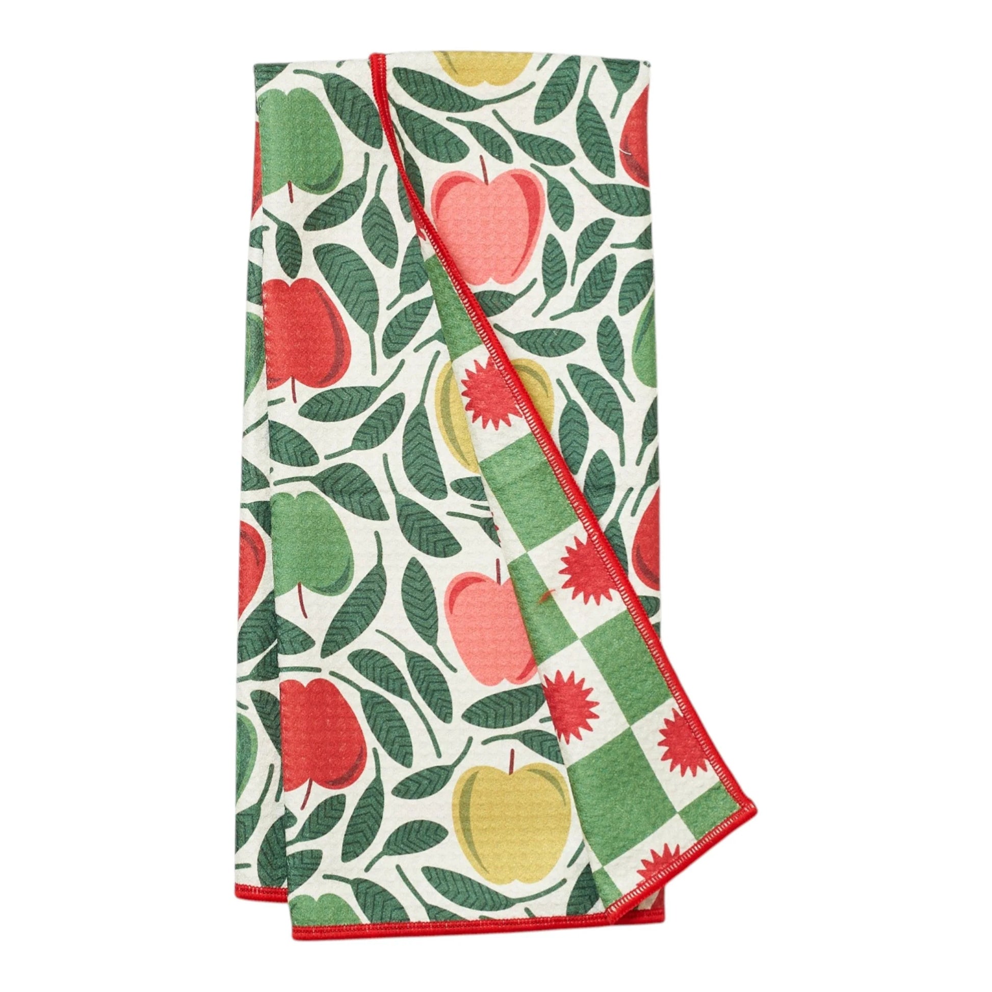 One reversible kitchen towel with fruit pattern on a white background