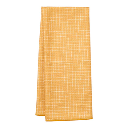 A folded mustard yellow kitchen towel with a white grid pattern, shown against a plain white background.