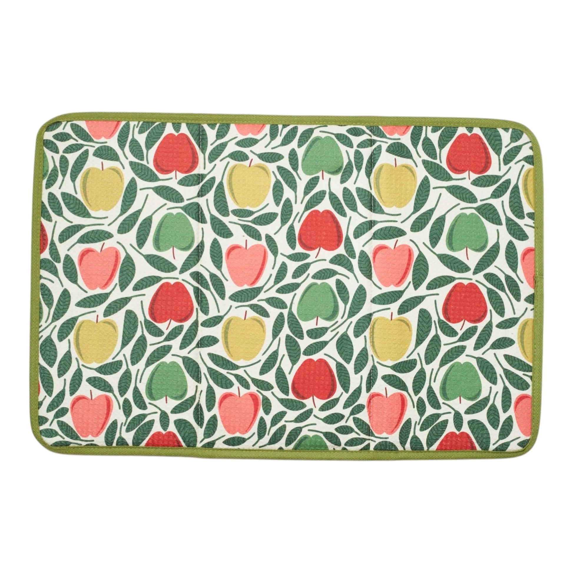 Patterned drying mat with red, green, and yellow apples on a white background