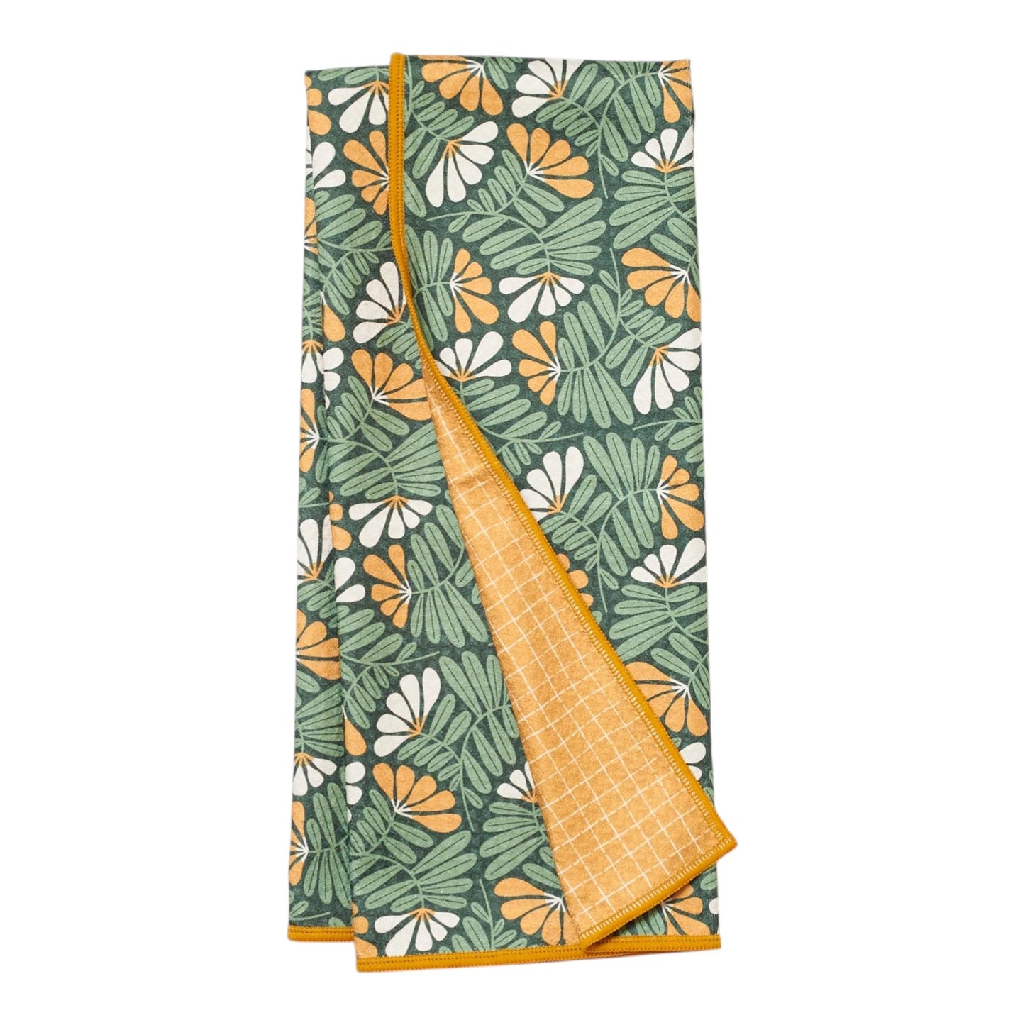 Folded towel with green and mustard floral leaf pattern on a white background