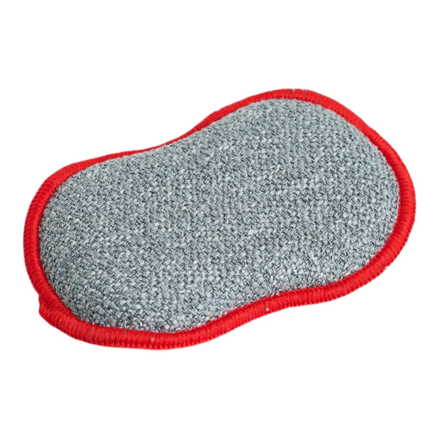 A gray textured back of sponge with a bright red stitched border, shown on a plain white background.