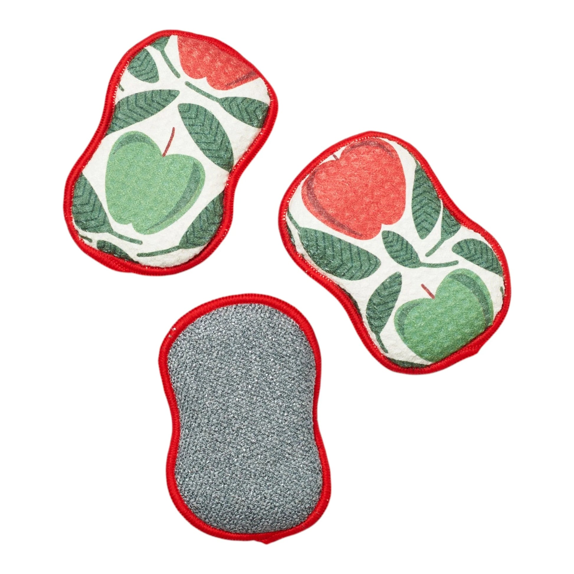 Three re-usable sponges with apple pattern on a white background