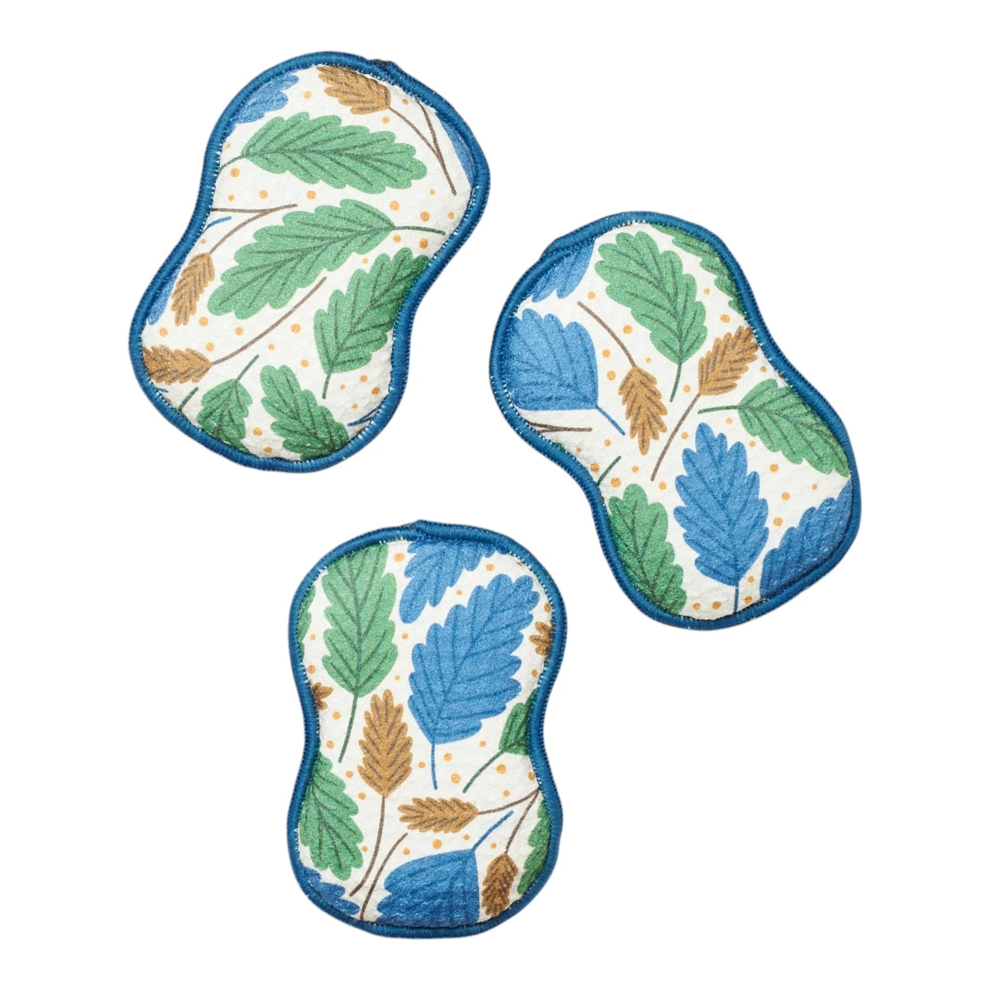 Three reusable sponges with an oak leaf pattern in green, blue, and brown on a white background, finished with a blue stitched border.