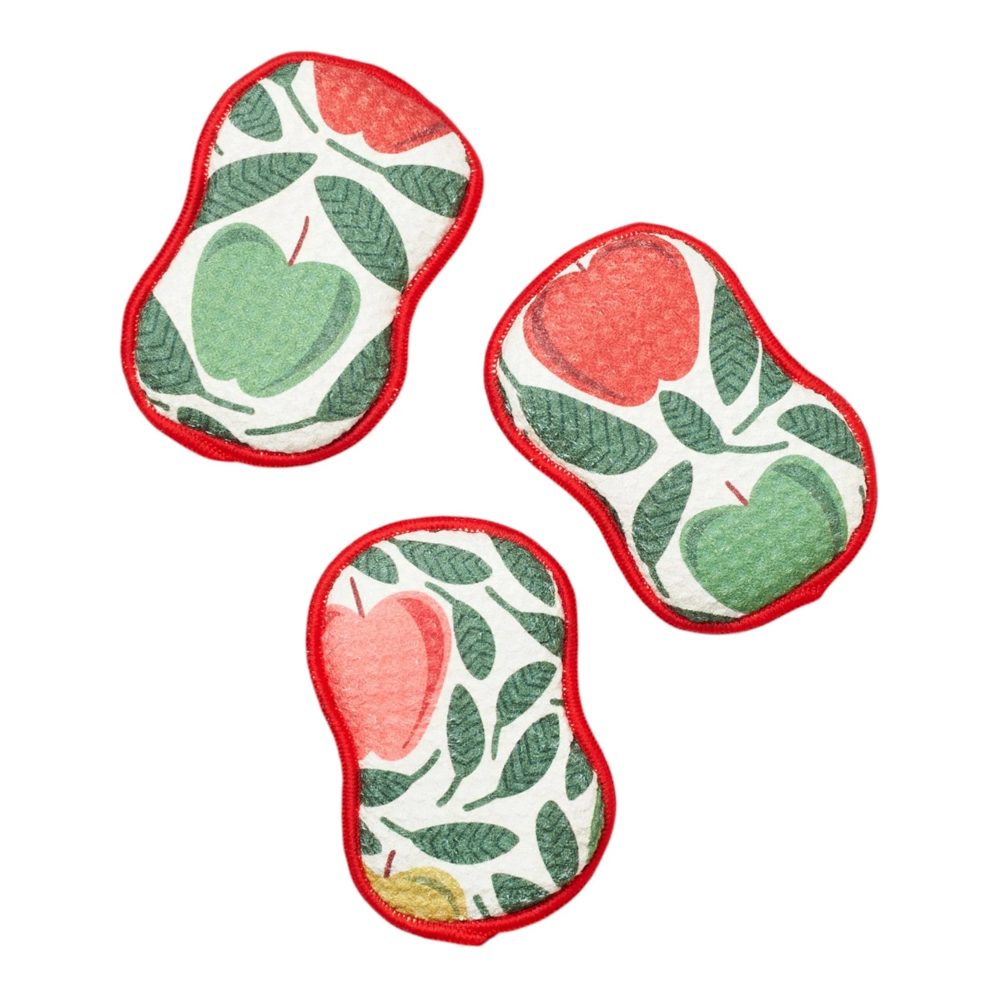 Three matching sponges with an apple and leaf pattern, arranged on a plain white background. Each sponge has a red border and features red and green apples on a white base with green leaves.