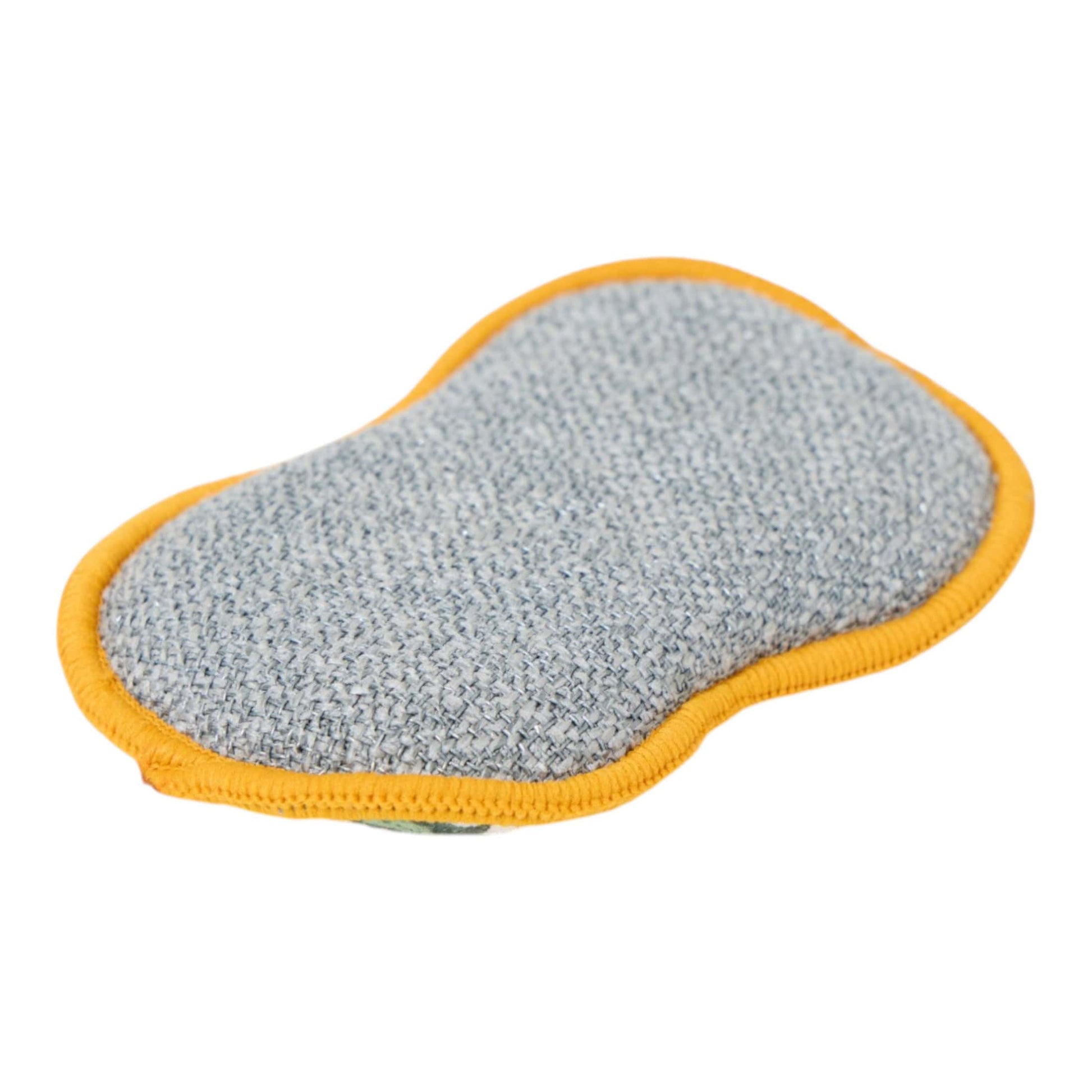 A contoured sponge with a textured gray fabric center and a bright yellow-orange stitched border, shown on a plain white background.